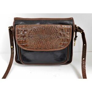 Brahmin Tuscan Black Leather Brown Croc Alligator Small Crossbody Bag
